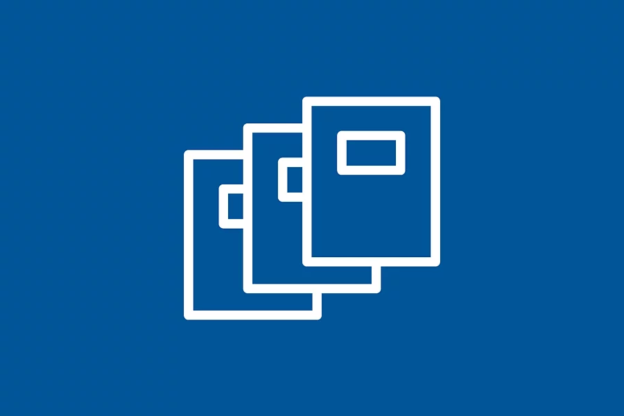 White FES icon shows book covers on a blue background