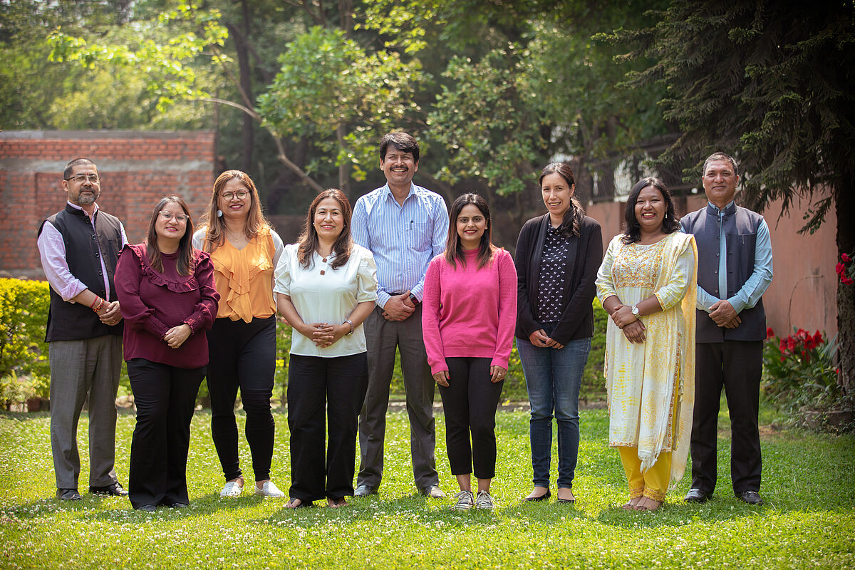Group picture of FES Nepal from left to right: Chandra Dev Bhatta, Smita Khanal, Samira Paudel, Pabitra Raut, Arjun Kumar Pandey, Deepika Dhakal, Natalia Figge, Priyanka Kapar and Tirtha Khatri
